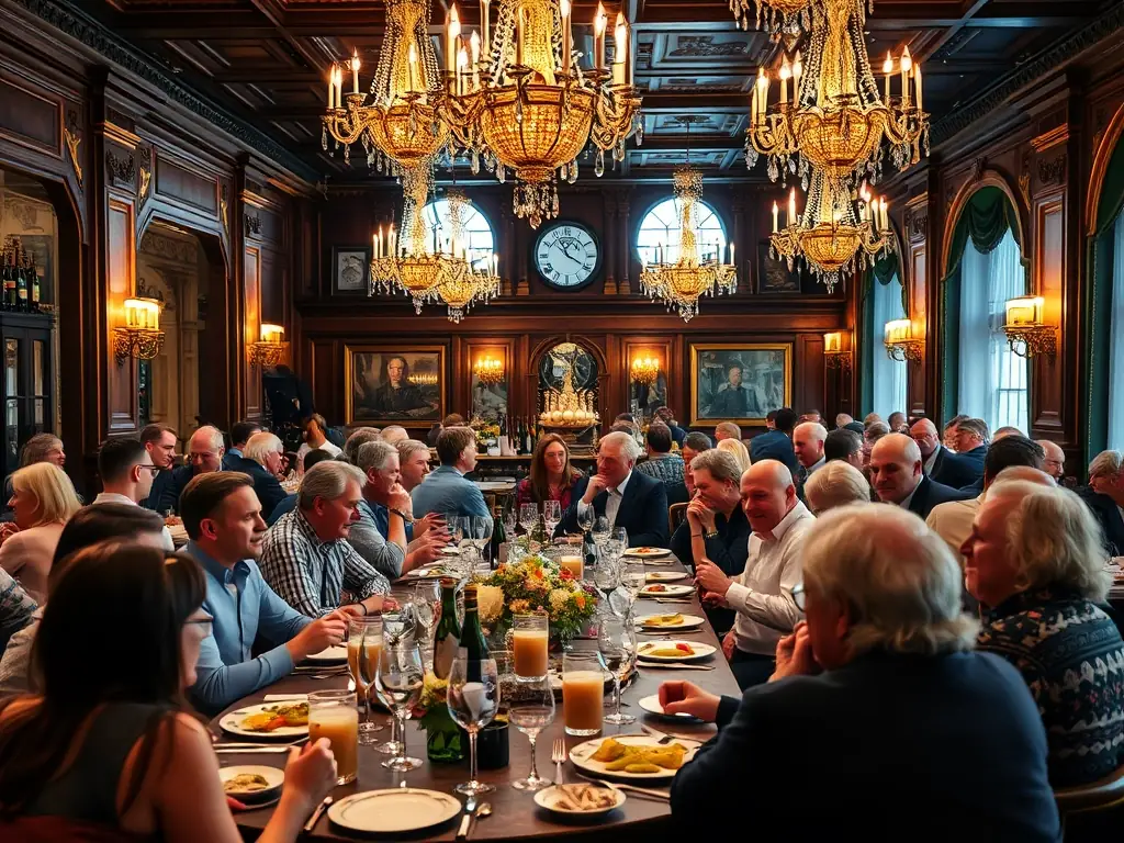 A large group of people enjoying a meal at Kongens Bar, with the royal decor and chandeliers visible in the background.